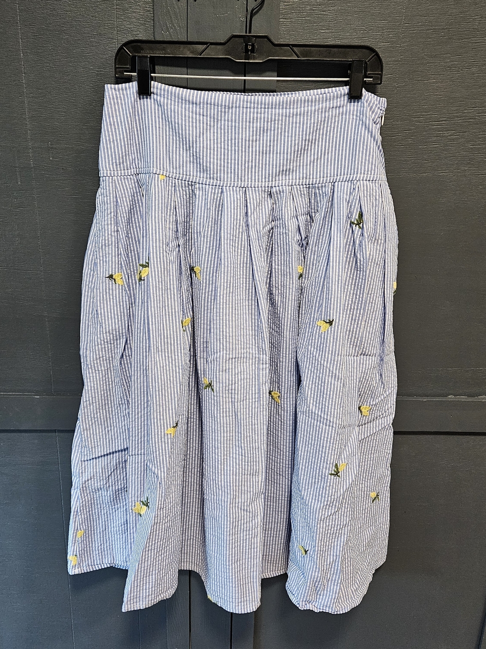 Free Assembly Blue Striped Cotton Midi Skirt with Lemon Embroidery